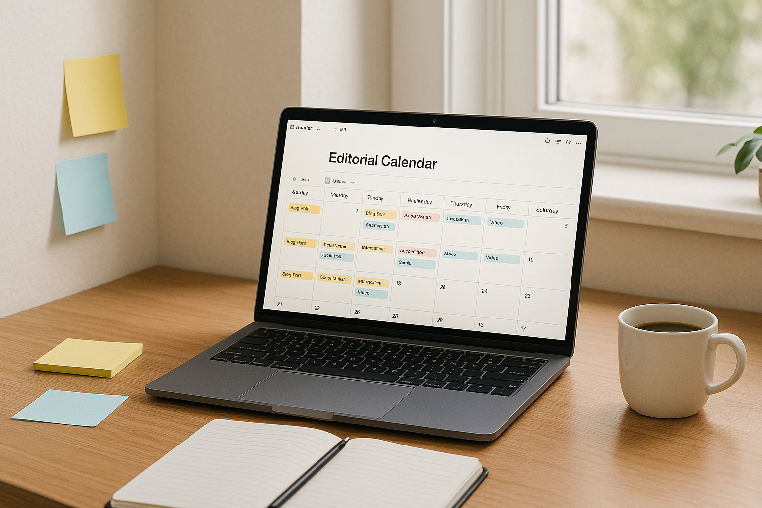 Ordinateur portable ouvert sur un calendrier éditorial
