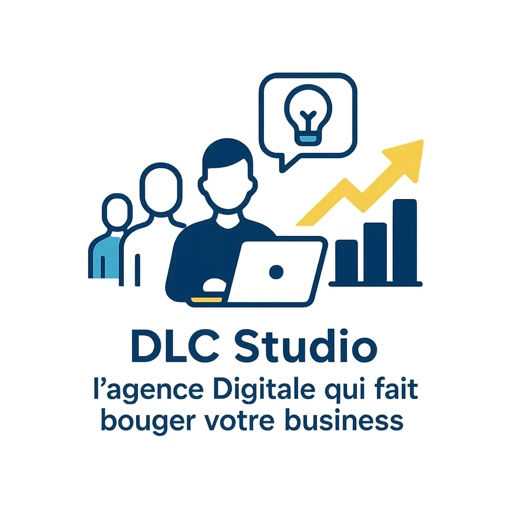 Illustration vectorielle représentant l’équipe DLC Studio avec ordinateur, flèche de croissance, graphique et icône d’idée. Met en avant l’approche humaine, stratégique et orientée résultats de l’agence digitale. Style flat design moderne, fond blanc, couleurs bleu foncé, jaune et turquoise.