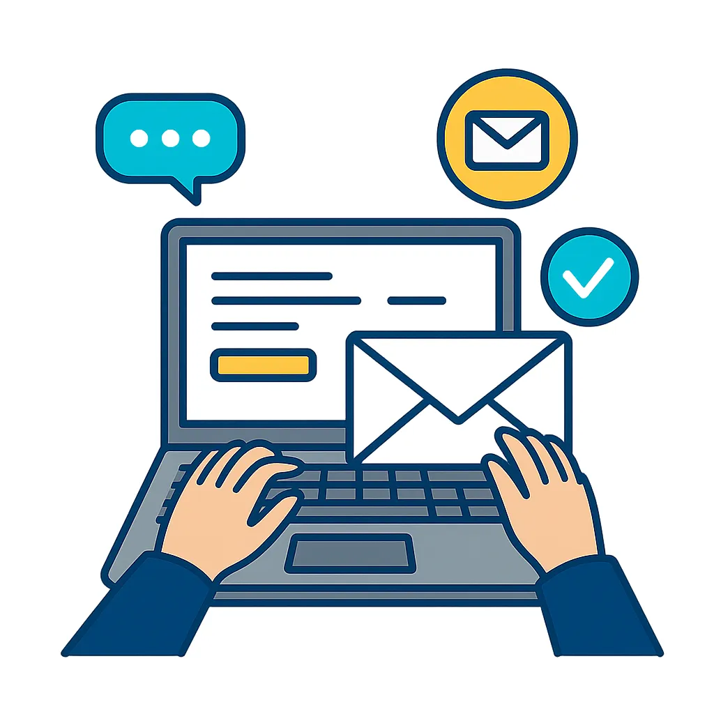 Illustration vectorielle représentant des mains tapant sur un clavier, symbolisant la prise de contact, la collaboration et l’engagement professionnel de DLC Studio. Style flat design, fond blanc, avec les couleurs bleu foncé, turquoise et jaune.