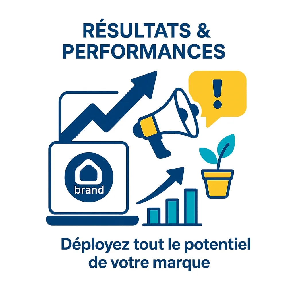 Illustration vectorielle représentant le déploiement du potentiel d’une marque. Contient un logo stylisé, une flèche de croissance, un mégaphone, une plante et un graphique. Style flat design, couleurs bleu foncé, jaune et turquoise sur fond blanc, pour illustrer la stratégie et la croissance de marque.