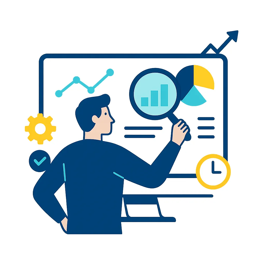 Illustration vectorielle d’un expert en web analytics analysant des performances marketing via un tableau de bord. Symbolise l’engagement de DLC Studio à proposer des stratégies basées sur les données. Flat design, fond blanc, couleurs bleu foncé, jaune et turquoise.