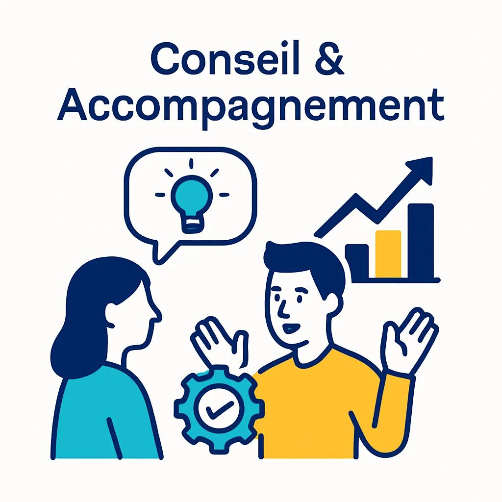 Illustration vectorielle représentant l’échange stratégique entre un conseiller et un client. Comprend une bulle d’idée, un graphique de croissance, et un engrenage validé pour illustrer l’accompagnement personnalisé. Style flat design, couleurs bleu foncé, turquoise et jaune sur fond blanc.