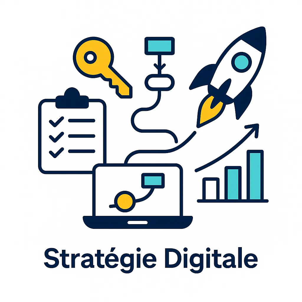 Illustration vectorielle représentant une stratégie digitale efficace : checklist, clé, organigramme, fusée, graphique de croissance et plan d’action sur ordinateur. Style flat design, couleurs bleu foncé, turquoise et jaune, sur fond blanc. Parfait pour illustrer le lancement d’un projet digital avec DLC Studio.