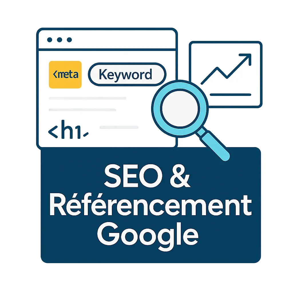 Illustration moderne représentant le SEO et le référencement Google avec balises HTML, mot-clé, loupe de recherche et graphique de performance. Design aux couleurs DLC Studio, fond foncé et typographie blanche.