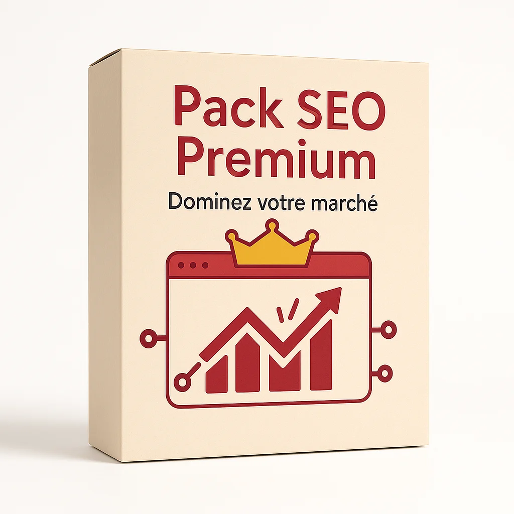 Mockup 3D du Pack SEO Premium de DLC Studio. Solution avancée pour dominer son marché grâce à un référencement naturel performant. Look premium et impact visuel fort.