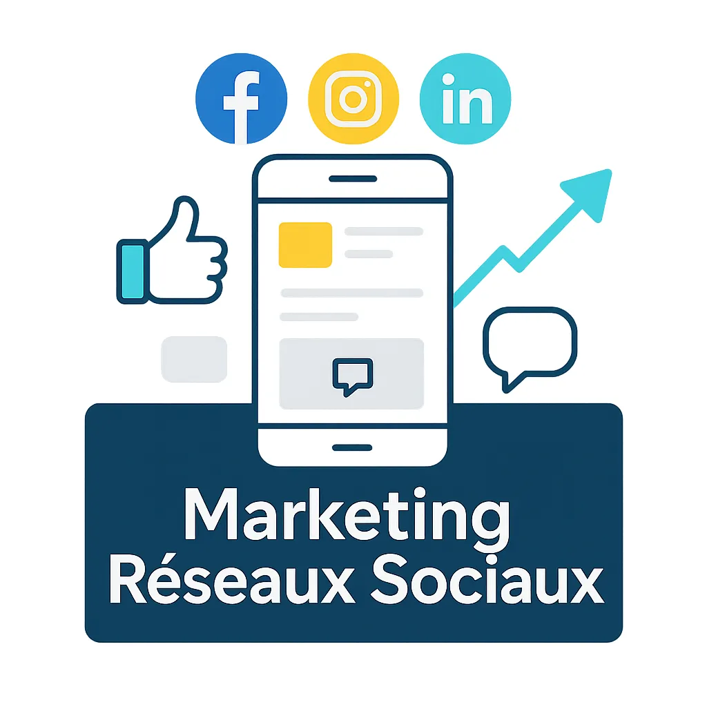 Visuel vectoriel illustrant le marketing des réseaux sociaux avec smartphone, icônes Facebook, Instagram, LinkedIn et éléments d’interaction. Design optimisé pour fond foncé, palette jaune, turquoise et blanc.