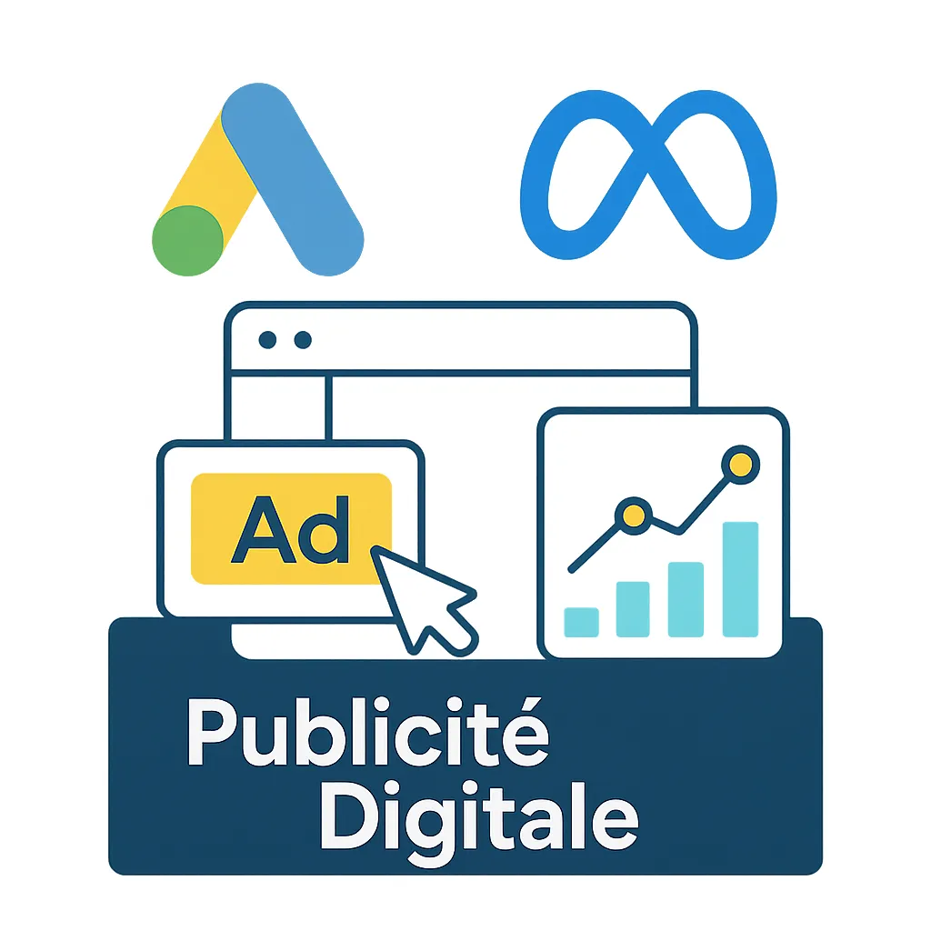 Image vectorielle représentant la publicité digitale : logos Google Ads et Meta, clics sur bannière, analytics. Design propre, contrasté, pour page pro avec fond sombre.