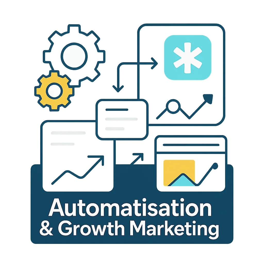 Illustration flat design sur le thème de l’automatisation et du growth marketing. Inclut engrenages, flux automatisé, tableaux et graphiques. Ton professionnel, fond foncé, texte blanc.