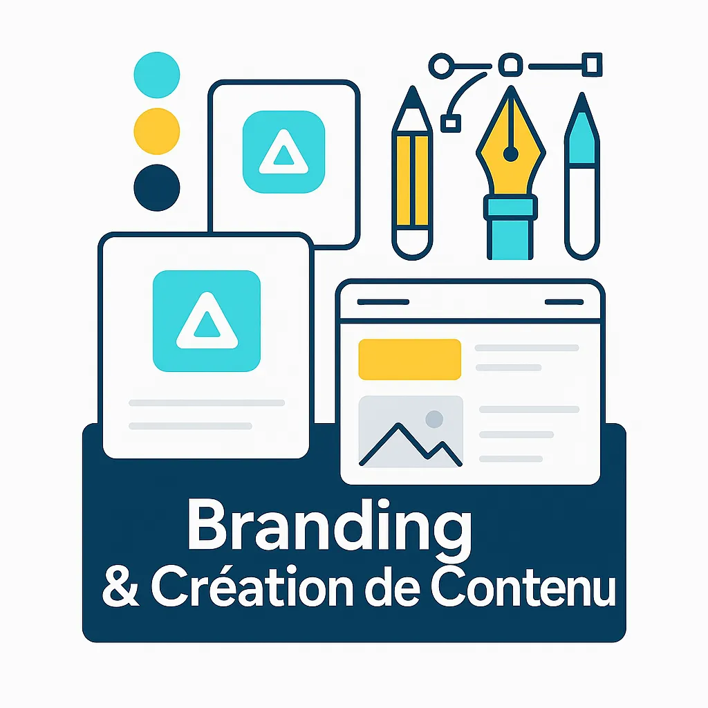 Image carrée illustrant le branding et la création de contenu : palette de couleurs, outils créatifs, logo stylisé et maquettes de visuels. Graphisme clair et professionnel aux couleurs DLC Studio.