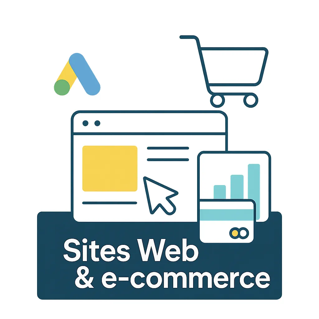 Illustration stylisée dédiée à la création de sites web et e-commerce : navigateur, carte bancaire, icône panier et interface UI. Style moderne, épuré, fond foncé, texte blanc.