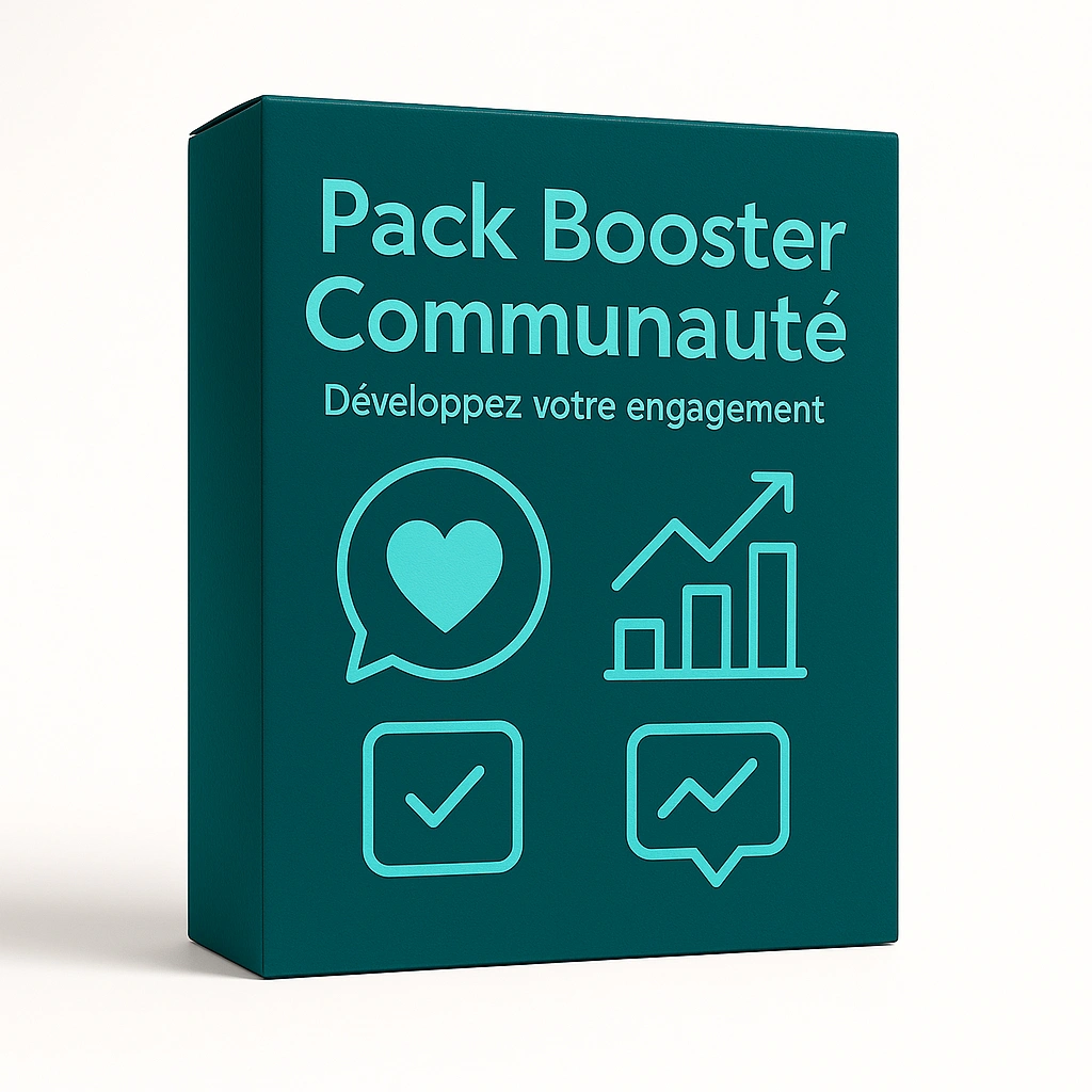 Packaging du Pack Booster Communauté, solution de DLC Studio pour les PME et créateurs visant une croissance d’engagement sur les réseaux sociaux. Design turquoise et dynamique.