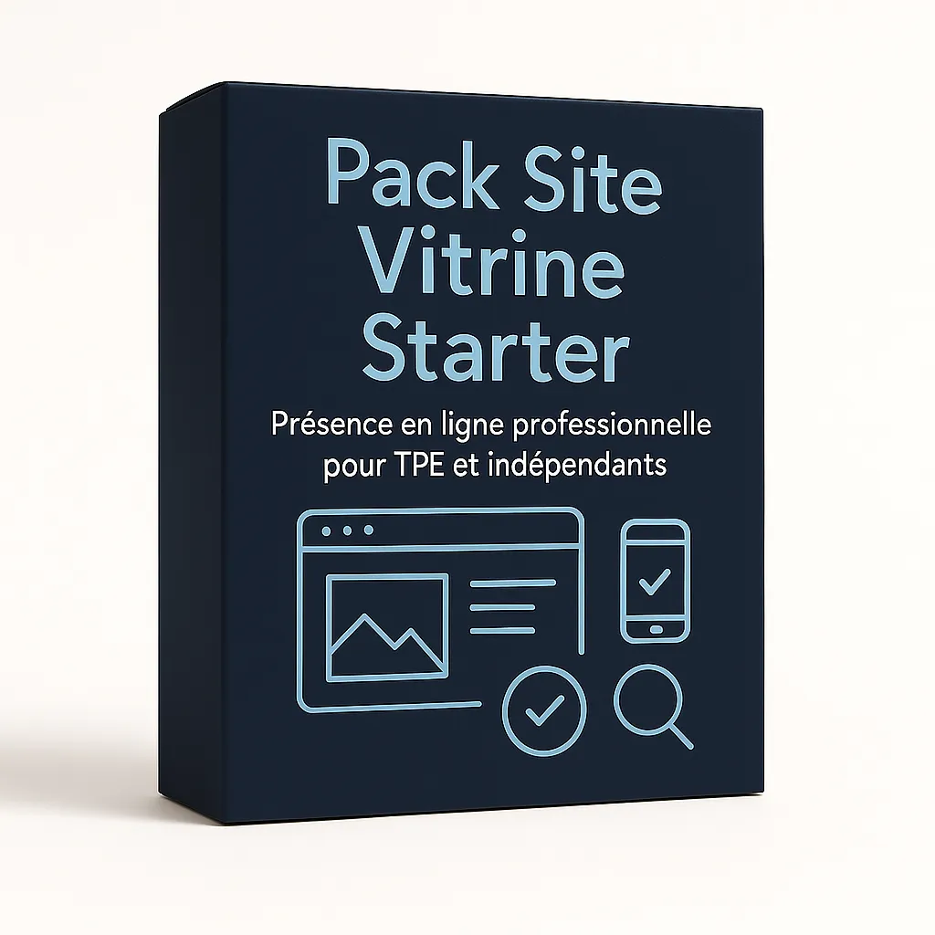 Boîte 3D bleu foncé du Pack Site Vitrine Starter de DLC Studio, avec pictogrammes de site web responsive, pages principales et SEO de base. Conçu pour les indépendants et TPE.