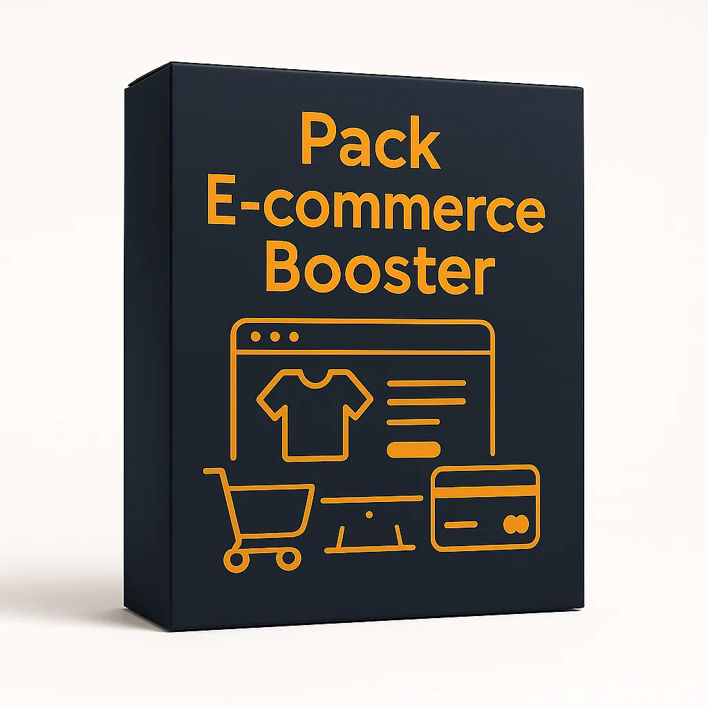 Packaging 3D bleu foncé du Pack E-commerce Booster de DLC Studio, illustré avec pictos de panier, fiche produit et paiement en ligne. Créé pour les boutiques en ligne ambitieuses.