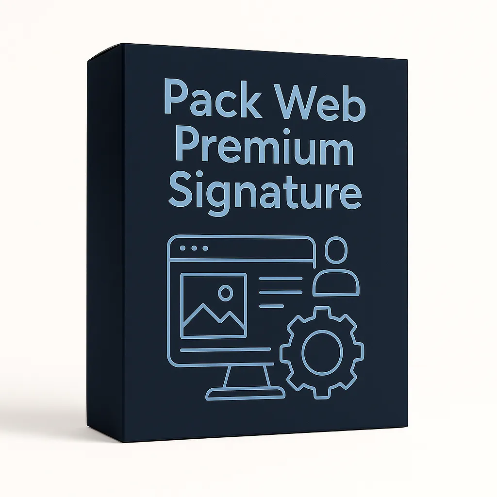 Boîte 3D du Pack Web Premium Signature, fond bleu foncé avec icônes de design UX/UI et solution sur mesure. Offre haut de gamme pour les entreprises exigeantes.