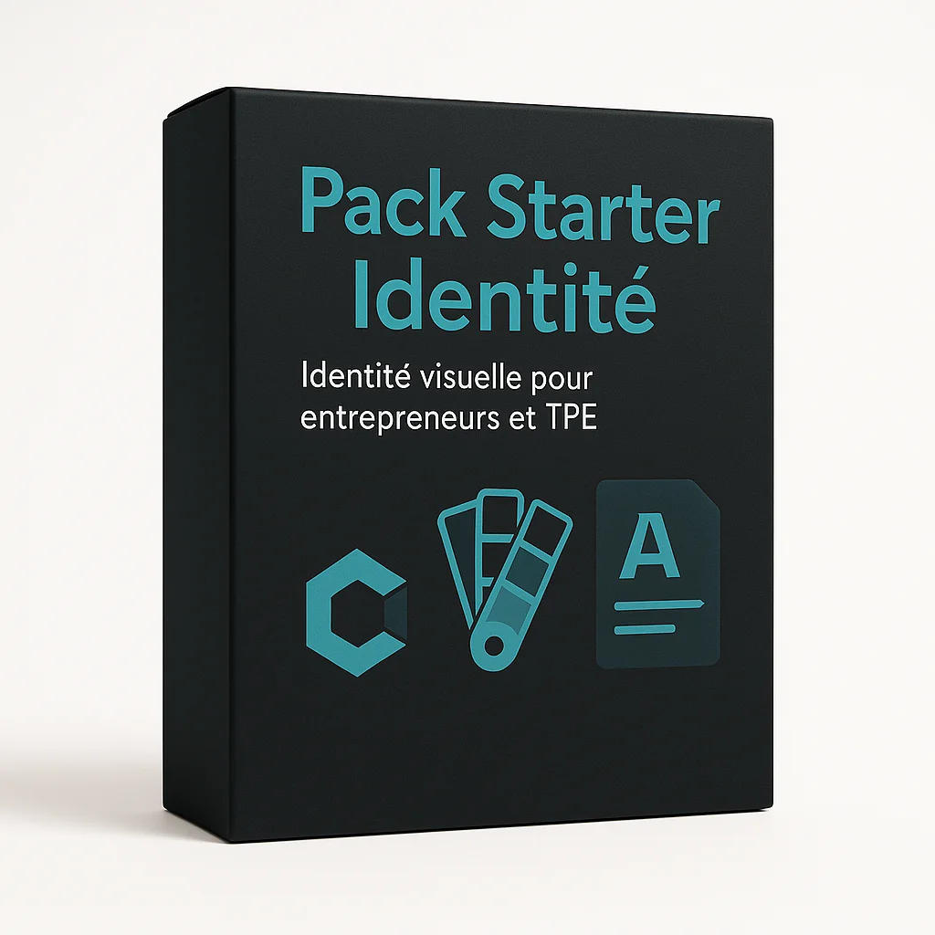 Boîte noire 3D du Pack Starter Identité de DLC Studio, avec fond blanc, texte turquoise et icônes représentant un logo, une palette de couleurs et une typographie. Offre dédiée aux entrepreneurs et TPE.