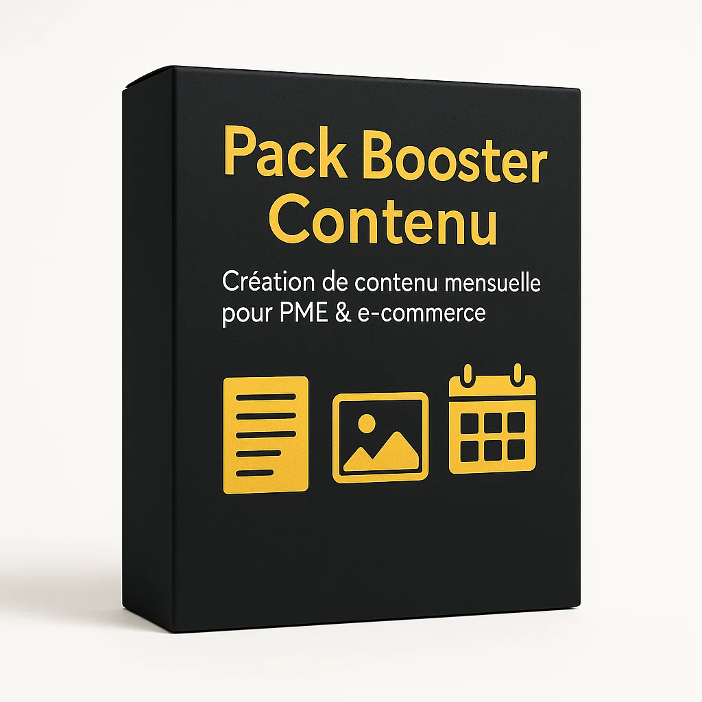 Visuel du Pack Booster Contenu de DLC Studio, boîte sombre avec texte jaune et pictogrammes d’article SEO, image réseaux sociaux et calendrier éditorial. Création de contenu mensuelle pour PME et e-commerce.