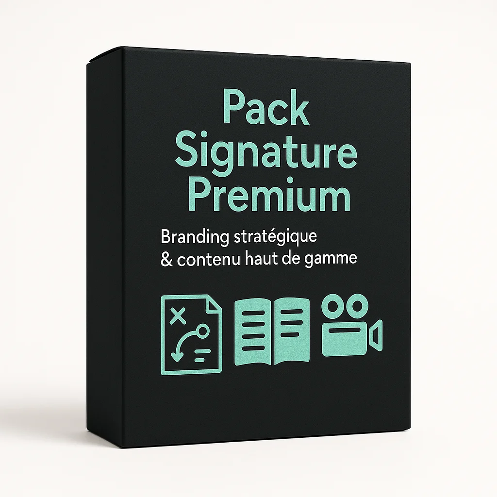 Packaging 3D du Pack Signature Premium de DLC Studio, sur fond blanc, avec boîte noir charbon, texte vert menthe et icônes de stratégie de marque, charte graphique, article, post social et vidéo teaser. Conçu pour les marques haut de gamme.