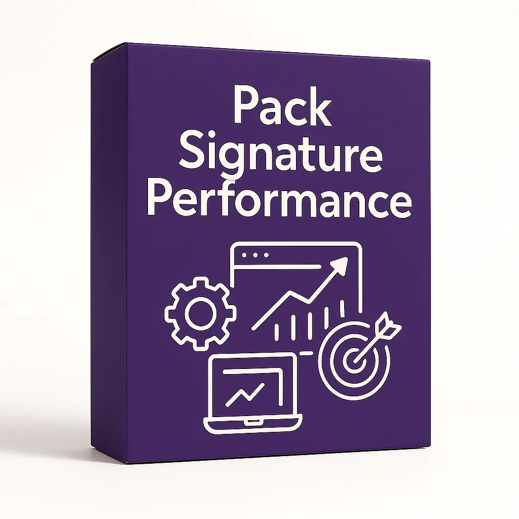 Packaging 3D premium du Pack Signature Performance, solution haut de gamme en growth et automatisation multi-canaux proposée par DLC Studio.