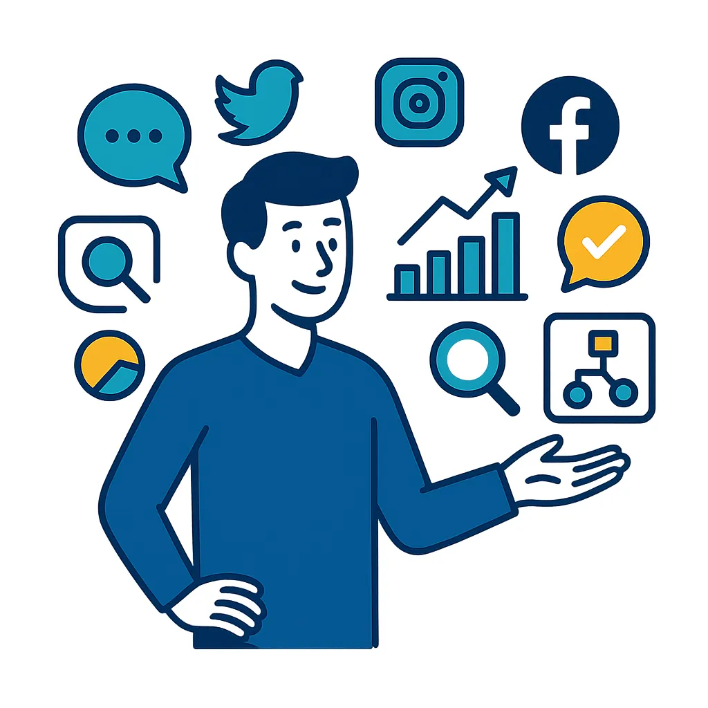 Illustration vectorielle d’un expert digital entouré d’icônes de réseaux sociaux, de données marketing et d’éléments de communication. Représente la mission de DLC Studio : optimiser la présence en ligne des entreprises grâce aux stratégies numériques. Style flat design, fond blanc, couleurs bleu foncé, jaune et turquoise.
