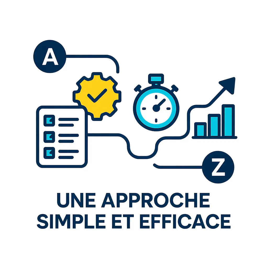 Illustration vectorielle représentant une équipe d’experts en marketing digital autour d’un écran, avec graphique de croissance, idées et collaboration. Reflète l’identité de DLC Studio : une agence humaine, stratégique et orientée résultats. Flat design moderne, fond blanc, bleu foncé, jaune et turquoise.