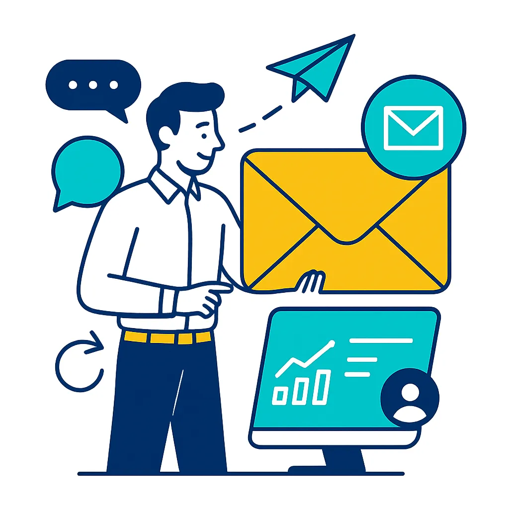Illustration vectorielle stylisée d’un homme en chemise tenant une grande enveloppe jaune représentant un email. Autour de lui, des icônes de messagerie, d’analyse marketing (graphique en croissance), d’envoi (avion en papier) et de communication sont visibles. Le style est digital, lumineux avec des couleurs bleu foncé, turquoise et jaune, sur fond blanc.