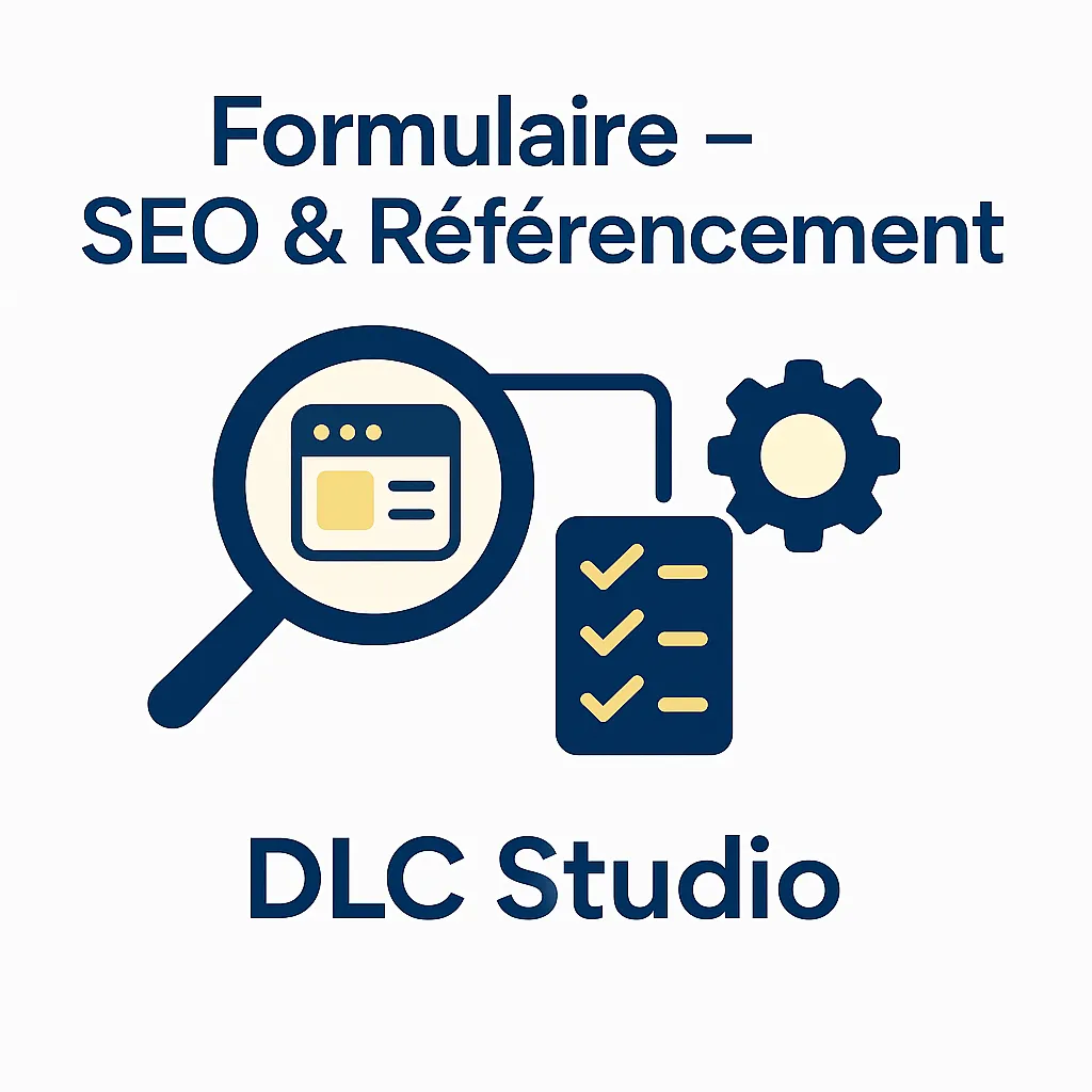 Illustration flat avec loupe, checklists et engrenage sur fond blanc pour représenter le formulaire SEO & Référencement de DLC Studio.