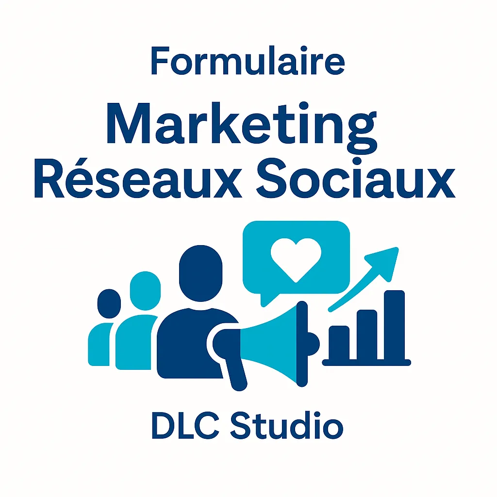 Graphique marketing flat sur fond blanc avec un mégaphone, des utilisateurs et une flèche de croissance, pour le formulaire Réseaux Sociaux DLC Studio.