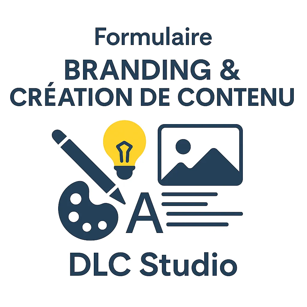 Icônes flat de création : crayon, ampoule, image et palette sur fond blanc, illustrant le formulaire Branding & Contenu de DLC Studio.
