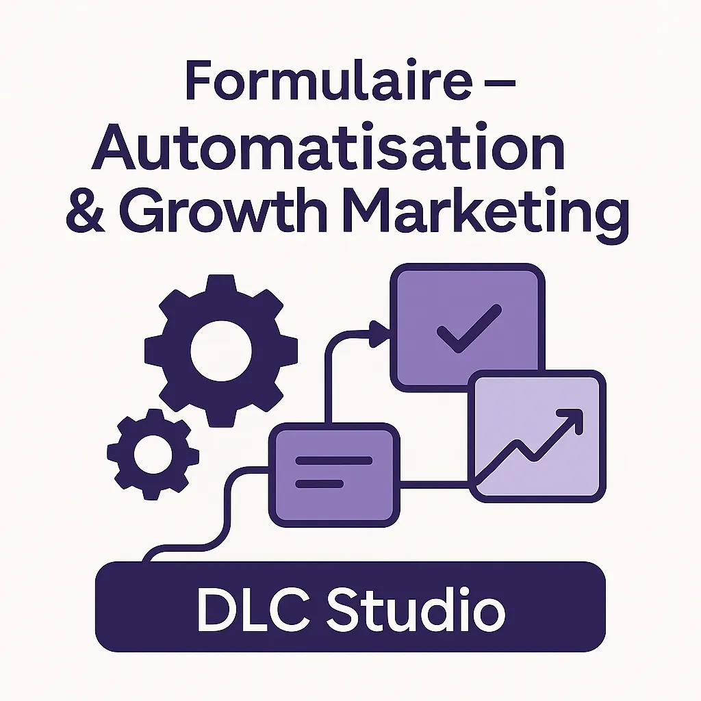 Image carrée illustrant le branding et la création de contenu : palette de couleurs, outils créatifs, logo stylisé et maquettes de visuels. Graphisme clair et professionnel aux couleurs DLC Studio.